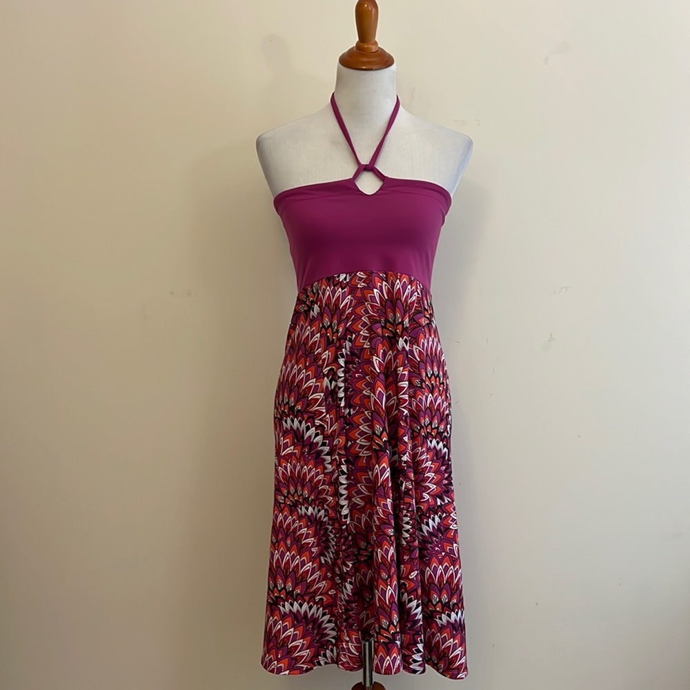Prana Magenta Halter Dress with Pink & Red Pattern